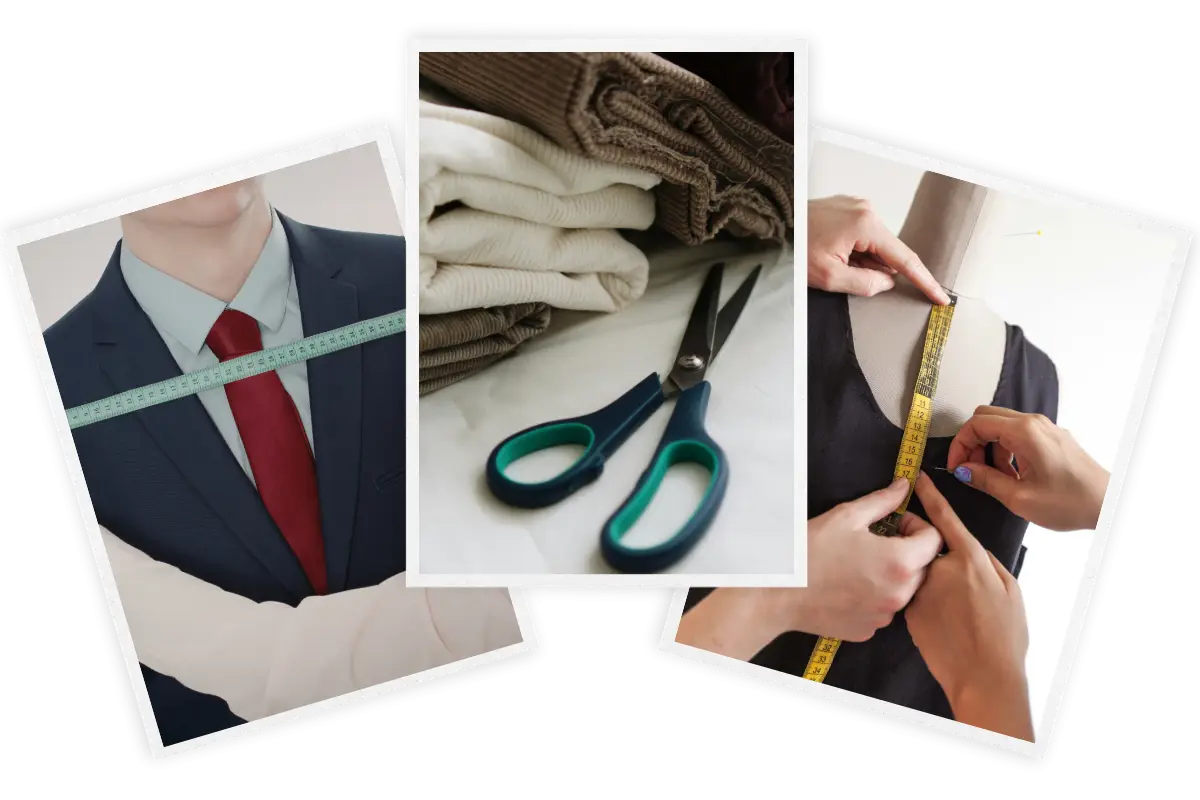 Collage of tailoring services: measuring a suit and tie, folded fabric swatches with scissors, and measuring a garment on a dress form